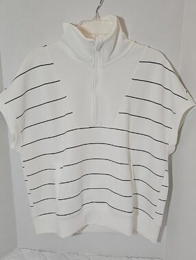 Rae Mode Striped Half-Zip Short Sleeve Sweatshirt in White